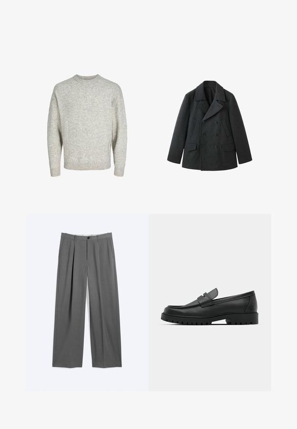 Manteau en laine gris foncé avec un design croisé, de larges revers, deux poches avant et une finition texturée.; Pull en tricot gris clair avec un col rond, des épaules tombantes et des poignets côtelés, présentant une surface texturée et légèrement duveteuse.; Pantalon formel gris avec jambes droites, plis à l'avant, poches latérales, passants pour ceinture et fermeture devant par bouton et glissière.; Mocassins en cuir noir à bout arrondi, avec un design cousu, une semelle plateforme basse et une semelle en caoutchouc texturée et crantée.
