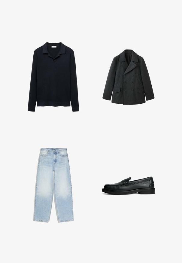 Donkergrijs wollen peacoat met een dubbelgeknoopt ontwerp, brede revers, twee voorzakken en een gestructureerde afwerking.; Marineblauwe geribde trui met een polo kraag, lange mouwen, zachte textuur en een zoom die iets omhoog loopt. Lichtgewicht en casual ontwerp.; Lichtblauwe jeans met hoge taille en rechte pijpen, voorzien van voorzakken, knoopsluiting en vervaagde details op de dijen en knieën.; Zwarte leren instappers met een ronde neus, gestikte details, een lage blokhak en een horizontale bandaccent aan de voorkant.