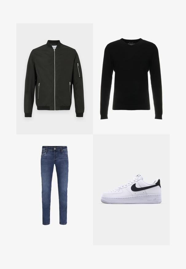 Sort bomberjakke med frontlynlås, to sidelommer med lynlås, lynlås lomme på venstre ærme, ribbet krave, manchetter og kant.; Sort v-hals sweater, lange ærmer, ribstrikkede manchetter og kant, fremstillet af et glat, subtilt tekstureret stof. Klassisk og alsidigt design.; Slim-fit blå denim jeans til mænd med knap- og lynlåslukning, for- og baglommer samt subtile blege detaljer.; Hvide lædersneakers med en struktureret sort Swoosh, flade snørebånd og en gummisål med et rillemønster. "AIR" er præget på hælen.