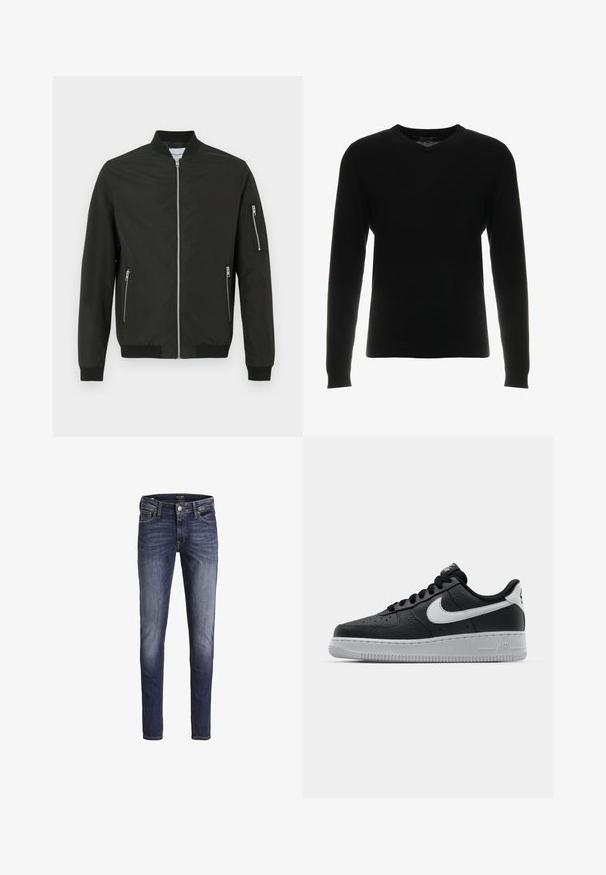 Sort bomberjakke med frontlynlås, to sidelommer med lynlås, lynlås lomme på venstre ærme, ribbet krave, manchetter og kant.; Sort v-hals sweater, lange ærmer, ribstrikkede manchetter og kant, fremstillet af et glat, subtilt tekstureret stof. Klassisk og alsidigt design.; Mørkeblå slim-fit jeans med let falmning på lår og knæ, med forlommer, bæltestropper og knaplukning.; Sort lædersneaker med tekstureret overflade, hvid Nike swoosh, grå sål, rund tå og snørebåndsdesign. Har perforeringer på tåboksen.