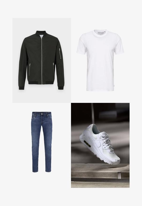 Zwarte bomberjack met een ritssluiting aan de voorkant, twee zijzakken met rits, een ritszak op de linker mouw, ribgebreide kraag, manchetten en onderkant.; Witte korte mouwen t-shirt van katoen, met een ronde hals en een eenvoudig ontwerp. Merktag zichtbaar op het nekgebied. Geen patronen of accenten.; Heren slim-fit blauwe spijkerbroeken met knoop- en ritsluiting, voor- en achterzakken en subtiele vervagingdetails.; Witte Nike Air Max 90 sneaker met een bovenwerk van mesh en leer, een geperforeerde teenbox en een zichtbare luchtunit in de hiel.