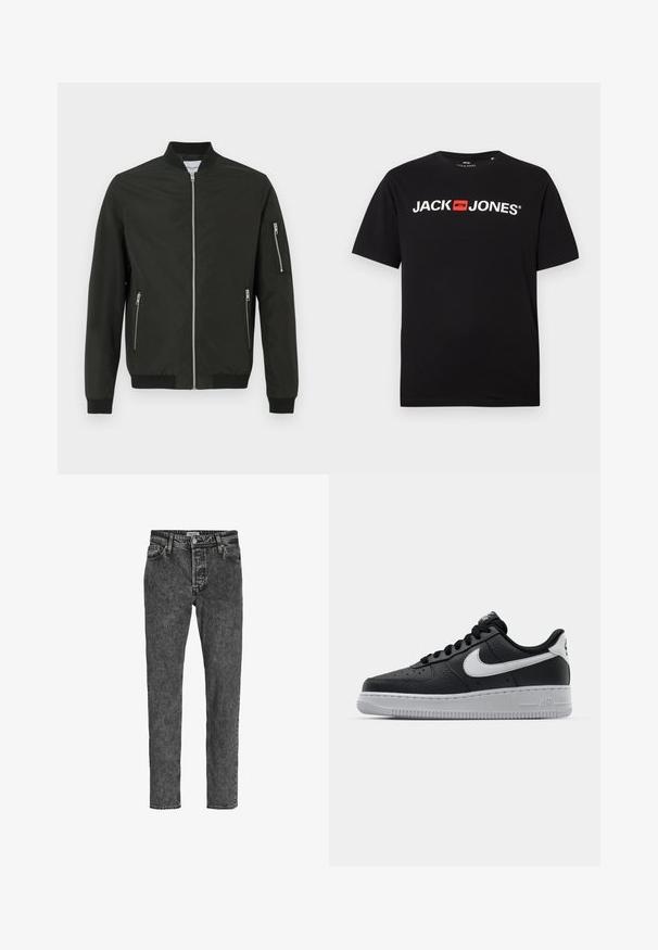 Schwarze Bomberjacke mit Frontreißverschluss, zwei seitlichen Reißverschlusstaschen, einer Reißverschlusstasche am linken Ärmel sowie geripptem Kragen, Bündchen und Saum.; Schwarzes Baumwoll-T-Shirt mit Rundhalsausschnitt, das weißen "JACK & JONES"-Text in fetter Schrift und einem roten Akzentfeld zeigt. Mit kurzen Ärmeln.; Jack & Jones Relaxed Fit JJICHRIS JJORIGINAL SQ 734 - Jeans Tapered Fit - black denim; Schwarze Ledersneaker mit strukturierten Oberflächen, weißem Nike-Swoosh, grauer Sohle, runder Zehenpartie und Schnürdesign. Verfügt über Perforationen an der Zehenbox.