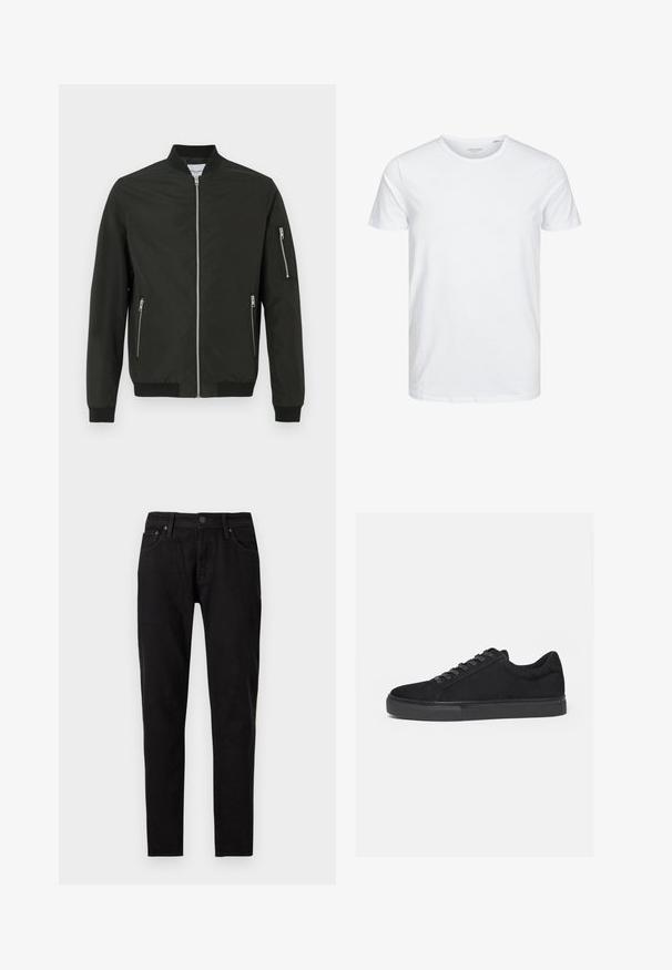 Zwarte bomberjack met een ritssluiting aan de voorkant, twee zijzakken met rits, een ritszak op de linker mouw, ribgebreide kraag, manchetten en onderkant.; Ronde hals kortemouwen t-shirt in effen wit, gemaakt van zachte katoen, heeft een eenvoudig ontwerp zonder zichtbare patronen of accenten.; Zwarte slim-fit jeans met voorste knoop- en ritssluiting, ceintuurlussen en twee voorzakken zichtbaar op een witte achtergrond.; Zwarte lage sneaker met veterluiting aan de voorkant en platte rubberen zool, zijaanzicht op een witte achtergrond.