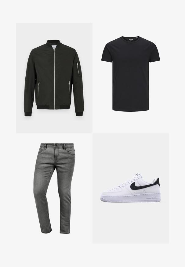 Veste bomber noire avec fermeture éclair à l'avant, deux poches latérales zippées, poche zippée sur la manche gauche, col, poignets et bas côtelés.; T-shirt en coton noir avec un col rond, des manches courtes et un design simple. Texture lisse, sans motifs ni éléments visibles.; Jean en denim gris avec une coupe slim, comportant cinq poches, une fermeture à bouton et des détails de couture subtils. Texture douce et design épuré.; Sneaker en cuir blanc avec un Swoosh noir texturé, des lacets plats et une semelle en caoutchouc avec un motif strié. "AIR" est embossé sur le talon.