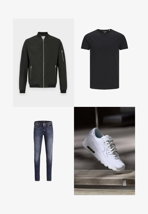 Zwarte bomberjack met een ritssluiting aan de voorkant, twee zijzakken met rits, een ritszak op de linker mouw, ribgebreide kraag, manchetten en onderkant.; Zwarte katoenen T-shirt met een ronde hals, korte mouwen en een eenvoudig ontwerp. Soepele textuur, geen patronen of zichtbare hardware.; Donkerblauwe slim-fit jeans met lichte vervaging op dijen en knieën, met voorzakken, riemlussen en een knoopsluiting.; Witte leren sneaker met gestructureerde oppervlakken, gevoerde kraag en zichtbare luchtbescherming in de zool. Heeft veters en een minimalistisch ontwerp.