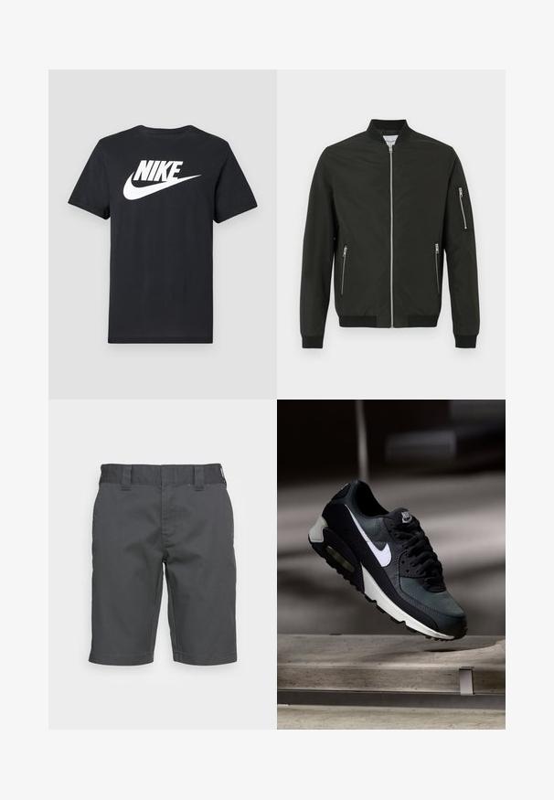 Zwarte bomberjack met een ritssluiting aan de voorkant, twee zijzakken met rits, een ritszak op de linker mouw, ribgebreide kraag, manchetten en onderkant.; Zwarte korte mouwen T-shirt met wit Nike-logo en swoosh in het midden van de borst, weergegeven op een lichtgrijze achtergrond.; Donkergrijze shorts van een duurzaam materiaal, met een platte voorkant, riemlussen en een iets relaxte pasvorm, zonder zichtbare patronen of accenten.; Zwart-grijze Nike Air Max sneaker met witte swoosh, zwevend boven een betonnen oppervlak tegen een wazige donkere achtergrond.