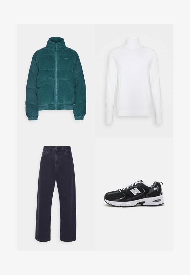 BDG Urban Outfitters PUFFER - Winterjas - grey; Witte coltrui met lange mouwen, gemaakt van een zachte stof. Heeft een aansluitend ontwerp en geribde manchetten en zoom. Geen patronen of accenten.; Donker gewassen denim jeans met een wijde pasvorm, hoge taille en vijf-pocket ontwerp. Beschikt over een klassieke knoop- en ritssluiting.; Zwarte en grijze sport schoenen met een bovenwerk van mesh en suede, voorzien van een witte tussenzool, veters en een gedurfde "N"-logo aan de zijkant.