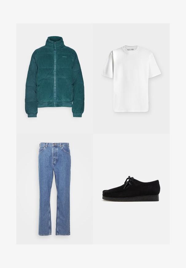 BDG Urban Outfitters PUFFER - Winterjacke - grey; Schlichtes weißes T-Shirt mit kurzen Ärmeln und Rundhalsausschnitt, flach auf einem hellgrauen Hintergrund liegend mit einem kleinen Markenlabel im Halsausschnitt.; Blaue Denim-Jeans mit geradem Schnitt, fünf Taschen, Gürtelschlaufen und Knopfverschluss. Der Stoff hat eine weiche, strukturierte Oberfläche.; Schwarze Wildlederschuhe mit rundem Zehendesign, einer Schnürfront und einer strukturierten schwarzen Gummisohle. Glattes Obermaterial mit dezenten Nahtdetails.