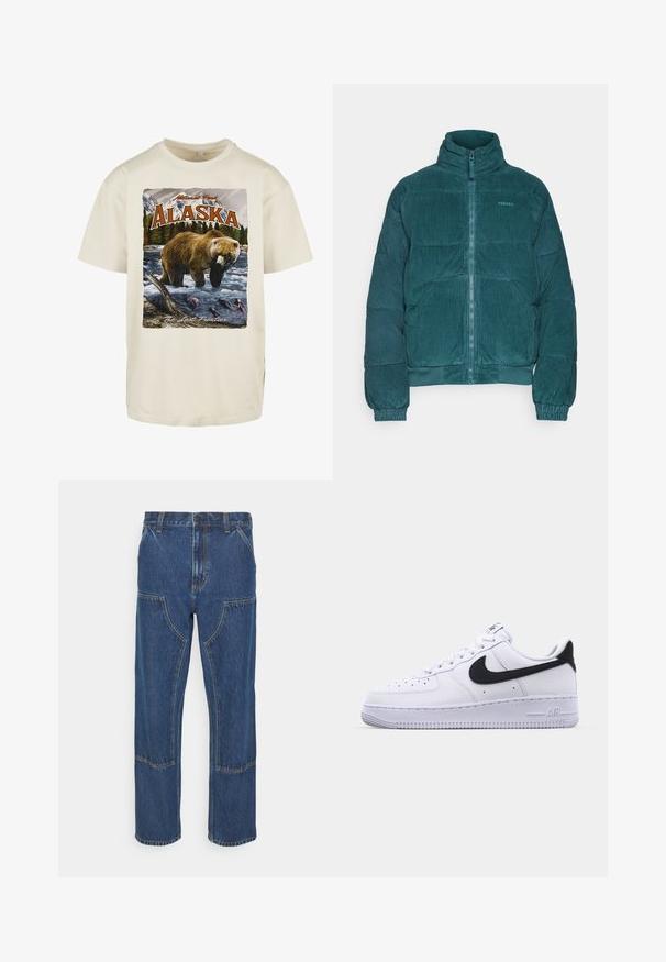 BDG Urban Outfitters PUFFER - Chaqueta de invierno - grey; Camiseta de algodón color crema con una impresión gráfica de un oso pardo en el agua, montañas y árboles, con "Alaska" y "La Última Frontera."; Jeans de mezclilla azul con pierna recta, bolsillos frontales tipo parche y costuras en contraste. La tela tiene una textura y un acabado clásicos.; Zapatilla blanca de cuero con un Swoosh negro texturizado, cordones planos y una suela de goma con un patrón estriado. "AIR" está grabado en el talón.