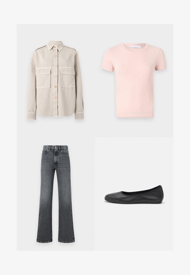 Beige overhemd met knopen, gemaakt van een zachte stof, voorzien van twee borstzakken, een kraag en contrasterende knopen. Rechte zoom en lange mouwen.; Lichtroze geribde t-shirt met korte mouwen en een ronde halslijn, met een zachte textuur en een aansluitende pasvorm.; Grijze denim flared jeans met een hoge taille, vijf zakken, knoopsluiting en subtiele textuurverloop van boven naar beneden.; Zwarte leren ballerina met een ronde neus, gladde textuur, minimale stikdetails en een flexibele zoolontwerp.