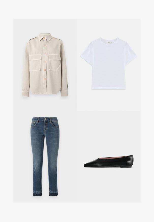 Chemise beige à boutons en tissu doux, avec deux poches poitrine, un col, et des boutons contrastants. Ourlet droit et manches longues.; T-shirt blanc court en coton doux, avec un col rond et des manches courtes, d'ajustement légèrement décontracté. Pas de motifs ni d'accents.; Jean en denim bleu foncé avec une coupe droite, doté d'une fermeture à bouton classique et de cinq poches. Légère décoloration sur les cuisses.; Chaussure plate en cuir noir pour femme, avec bout pointu et petit talon, vue de côté sur un fond gris clair uni.