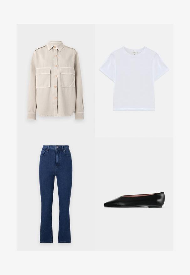 Beige skjorte med knapper, lavet af et blødt stof, med to brystlommer, en krave og kontrasterende knapper. Lige kant nederst og lange ærmer.; Hvid cropped t-shirt lavet af blødt bomuld, med rund hals og korte ærmer og en let løs pasform. Ingen mønstre eller accenter.; Mørkeblå højtaljede jeans i denimstof med lige ben, der har forlommer og metallukning.; Sort damesko i læder med flad hæl og spids tå, vist fra siden på en ensfarvet lys grå baggrund.