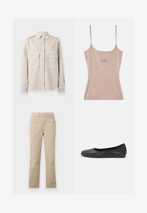 Chemise beige à boutons en tissu doux, avec deux poches poitrine, un col, et des boutons contrastants. Ourlet droit et manches longues.; Débardeur beige à côtes avec des fines bretelles réglables. Il présente un décolleté carré et un petit motif imprimé près du centre.; Pantalon beige en coton avec une coupe droite, doté d'une fermeture à bouton sur le devant, de deux poches sur le devant et de détails de couture subtils.; Ballerines en cuir noir avec un bout rond, texture lisse, détails de couture minimalistes et design de semelle flexible.