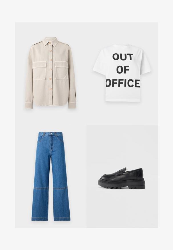 Beige skjorte med knapper, lavet af et blødt stof, med to brystlommer, en krave og kontrasterende knapper. Lige kant nederst og lange ærmer.; Hvid T-shirt med fed sort tekst "OUT OF OFFICE" centreret på forsiden, med standard rund hals og korte ærmer.; Bredde ben jeans i blå denim med høj talje, der har dobbelt stikning ved knæene og en tekstureret stofoverflade.; Sorte læder loafers med en kraftig sort sål og tekstureret stropdetalje. Den glatte overflade og den afrundede form forstærker dens moderne design.