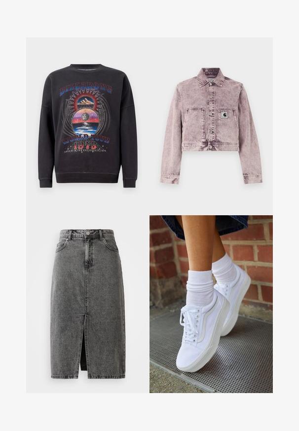 Lyse lilla denimjakke med acid-wash, lange ærmer, knapper foran, to forlommer og et lille Carhartt-logo på venstre lomme.; Sort sweatshirt med et grafisk design, der har teksten "BILLABONG WORLD TOUR 1973", bjerge og himmelske elementer i flere farver.; Højtaljet, falmet sort denim midi-nederdel med en frontslids, bæltesløjfer og klassisk fem-lomme design.; Hvide lærreds sneakers med gummisåler, der har seks snørehuller, rund tå og let sømdetaljer, krydret med hvide ankelstrømper.