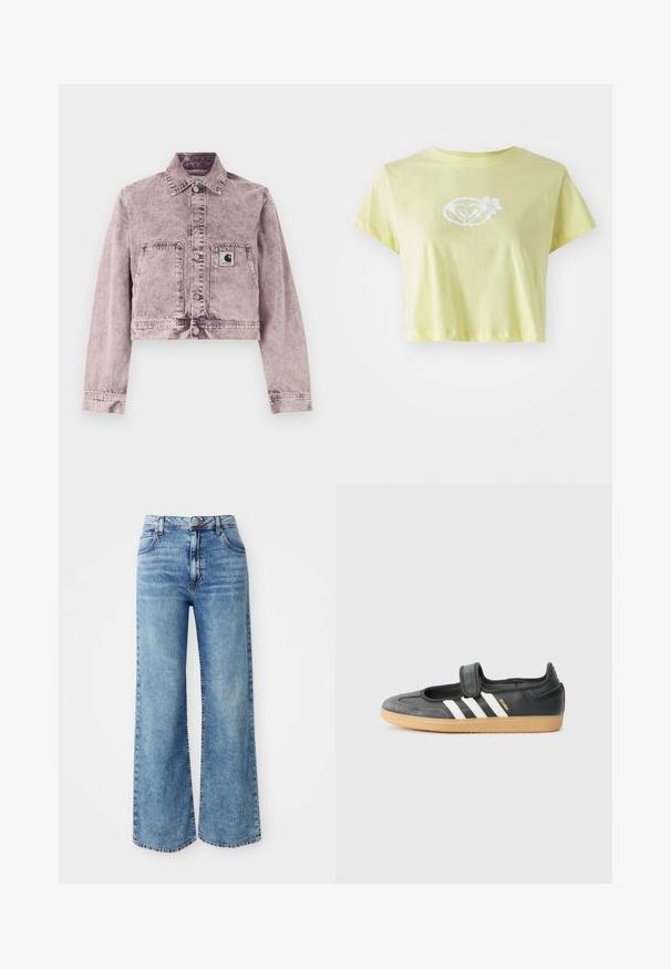 Veste en jean délavée violet clair à manches longues, boutons-pression à l'avant, deux poches avant, et un petit patch logo Carhartt sur la poche gauche.; T-shirt court jaune clair en coton. Présente un design graphique floral blanc au centre d'une forme de cœur à l'avant.; Jeans larges en denim bleu clair avec une taille haute, dotés de cinq poches, d'une fermeture par bouton supérieur et de surpiqûres contrastées le long des coutures.; Sneaker en cuir noir et suède avec une sangle Velcro, arborant trois bandes blanches et une semelle en caoutchouc, étiqueté "SAMBA" sur le côté.
