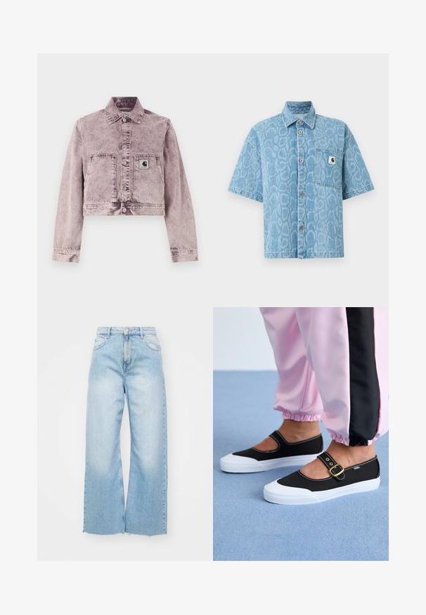 Lichtpaars denimjack met zuurwassing, lange mouwen, drukknoopsluiting aan de voorkant, twee zakken aan de voorkant en een klein Carhartt-logo op het linkerzakje.; Korte mouwen spijkershirt in lichtblauw met een gestructureerde dierenprint, voorzien van een knoopsluiting aan de voorkant en een borstzak.; Lichtblauwe wijde spijkerbroeken van denim, met een hoge taille, vervaagde details, een knoopsluiting en een ruwe zoom aan de onderkant.; Zwarte canvas schoenen met een witte zool, met een uitgesneden ontwerp en een gouden gespband. Draagt met roze joggingsbroek.