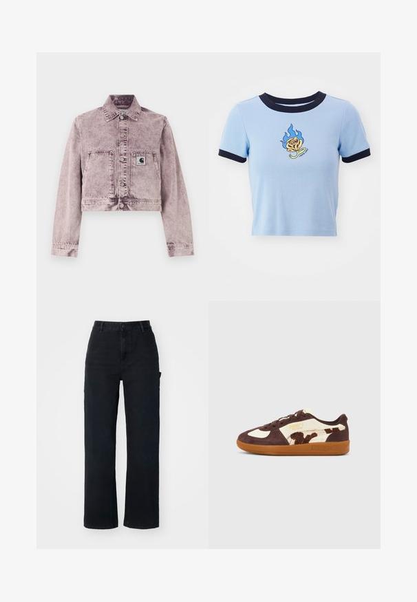 Svetlofialová acid-wash rifľová bunda s dlhými rukávmi, prednými patentkami, dvoma prednými vreckami a malou nášivkou s logom Carhartt na ľavom vrecku.; Svetlo modrý krátky rukáv s crop strihom a námorníckym rebrovaným golierom. Obsahuje vyšitú plameňom žltú ružu a text pod ňou. Mäkká tkanina.; Čierne denné nohavice so strihom rovného nohu, s vysokým pásom, štandardným zapínaním na gombík a bočnými vreckami.; Hnedá a krémová teniska Puma Palermo s gumovou podrážkou a detailom zvieracieho vzoru na boku, zobrazená z profilu na neutrálnom pozadí.