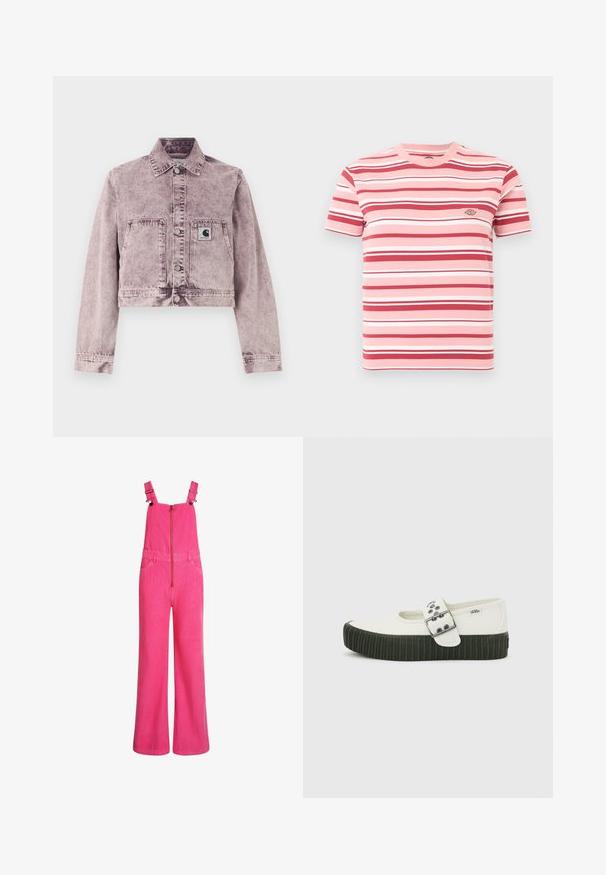 Veste en jean délavée violet clair à manches longues, boutons-pression à l'avant, deux poches avant, et un petit patch logo Carhartt sur la poche gauche.; T-shirt rose à manches courtes avec des rayures horizontales rouges, blanches et rose clair, et un petit écusson logo sur la poitrine gauche.; Salopette en velours côtelé rose vif à jambes larges avec bretelles réglables, fermeture éclair frontale et poches latérales, présentée sur un fond blanc.; Chaussure Mary Jane blanche Vans avec semelle épaisse noire côtelée et large bride à boucle argentée sur fond gris uni.