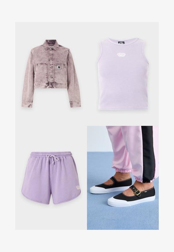 Veste en jean délavée violet clair à manches longues, boutons-pression à l'avant, deux poches avant, et un petit patch logo Carhartt sur la poche gauche.; Crop top sans manches côtelé de couleur violet clair avec un petit logo blanc brodé au centre près de l'encolure.; Shorts en éponge lilas doux avec taille élastique et cordon de serrage, ourlet arrondi, et petit logo blanc sur le côté inférieur droit.; Baskets noires en toile avec une semelle blanche, présentant un design découpé et une sangle en boucle dorée. Portées avec un pantalon de survêtement rose.