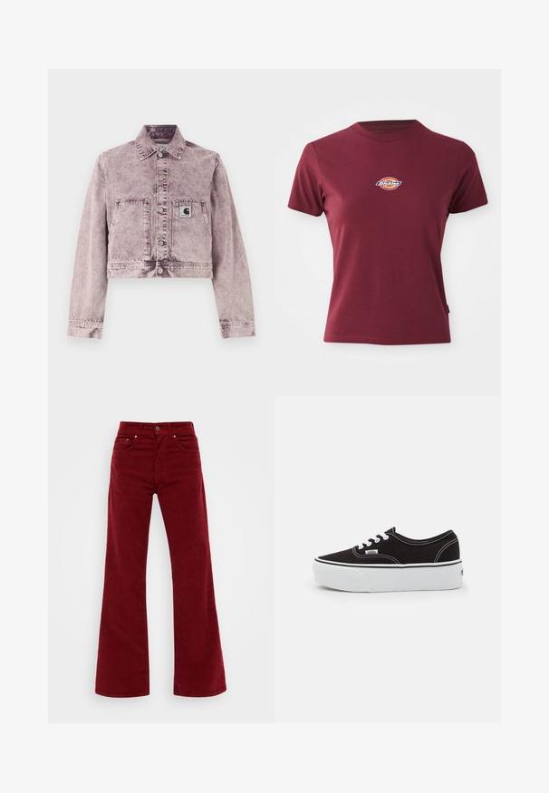 Veste en jean délavée violet clair à manches longues, boutons-pression à l'avant, deux poches avant, et un petit patch logo Carhartt sur la poche gauche.; T-shirt court à manches courtes de couleur bordeaux en coton, avec un col rond et un petit logo "Dickies" multicolore sur la poitrine.; Jean en velours côtelé bordeaux évasé avec taille haute, cinq poches et fermeture à bouton sur le devant. Texture douce avec jambes larges.; Baskets en toile noires avec une semelle en caoutchouc blanc, dotées de lacets et de coutures blanches, marquage emblématique sur le côté, design basse.