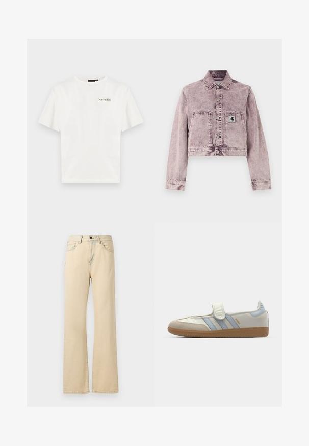 Veste en jean délavée violet clair à manches longues, boutons-pression à l'avant, deux poches avant, et un petit patch logo Carhartt sur la poche gauche.; T-shirt blanc à manches courtes avec petit logo "Napapijri" sur la poitrine gauche et col rond.; Jean large beige en denim, avec une taille haute, des poches avant, une fermeture à bouton et des coutures contrastées.; adidas Originals SAMBA JANE BALLERINA - Babies - cloud white/halo blue