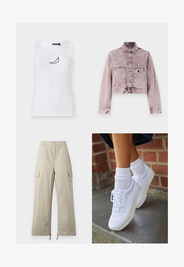 Svetlofialová acid-wash rifľová bunda s dlhými rukávmi, prednými patentkami, dvoma prednými vreckami a malou nášivkou s logom Carhartt na ľavom vrecku.; Biely rebrovaný top na ramienka so zembrením čiernej chilli papričky na oblasti hrudníka. Vyrobený z mäkkého a elastického materiálu.; Svetlo béžové cargo nohavice s voľným strihom, vybavené gombíkovým zapínaním, bočnými vreckami a nastaviteľným lemom so šnúrkami. Hladká textúra látky.; Biele plátené tenisky s gumovou podrážkou, s piatimi dierkami na šnúrky, okrúhlou špičkou a svetlými švami, doplnené o biele členkové ponožky.