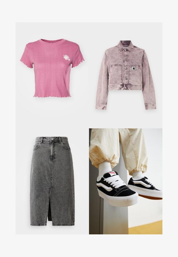 Lichtpaars denimjack met zuurwassing, lange mouwen, drukknoopsluiting aan de voorkant, twee zakken aan de voorkant en een klein Carhartt-logo op het linkerzakje.; Roze cropped t-shirt met ribbelstructuur en golvende randen. Heeft een witte bloemenborduursel op de linkerborst. Lichtgewicht stof.; Hoge taille, vervaagde zwarte denim midi-jurk met een split aan de voorkant, riemlussen en een klassieke vijf-pocket ontwerp.; Persoon die zwart-witte Vans sneakers draagt met witte veters, witte sokken en beige broek met elastische manchetten.