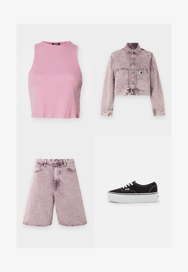 Chaqueta de mezclilla acid-wash color púrpura claro con mangas largas, botones a presión en la parte delantera, dos bolsillos delanteros y un pequeño parche con el logotipo de Carhartt en el bolsillo izquierdo.; Top corto de canalé rosa con cuello redondo y diseño sin mangas. Presenta un dobladillo que termina justo por encima de la cintura.; Pantalones cortos de mezclilla de color púrpura deslavado, de talle alto, con cierre frontal de botones, trabillas para cinturón y bolsillos delanteros.; Zapatilla de lona negra con suela de plataforma de goma blanca, que presenta cordones y costuras blancas, con branding icónico en el lateral, diseño de corte bajo.