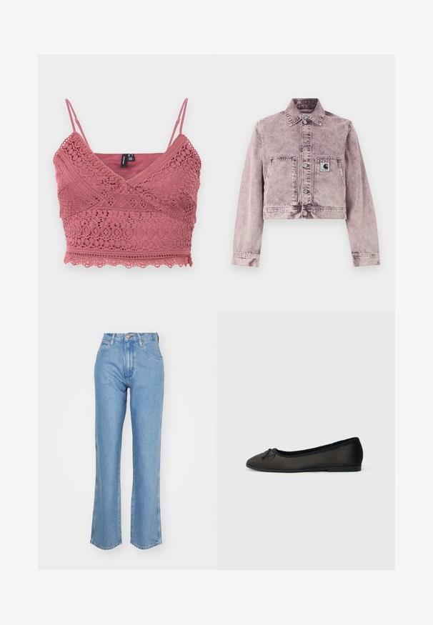 Vaaleanvioletti hapetettu farkkutakki, jossa on pitkät hihat, etuosan painonapit, kaksi etutaskua ja pieni Carhartt-logo vasemmassa taskussa.; Ruusuvaaleanpunainen virkatty bralette, jossa on säädettävät spagettiolkaimet, aaltoileva helma ja monimutkaiset pitsikuviot kankaan läpi.; Vaaleansiniset farkut, joissa on korkea vyötärö, leveät lahkeet ja kulunut helma. Ominaisuuksiin kuuluu perinteinen viiden taskun muotoilu ja metallinen napin sulkeminen.; Mustat balleriinat, joissa on sileä mattapinta, pyöristetty kärki ja koristeellinen rusetti edessä. Varustettu matalalla, tasaisella korolla.