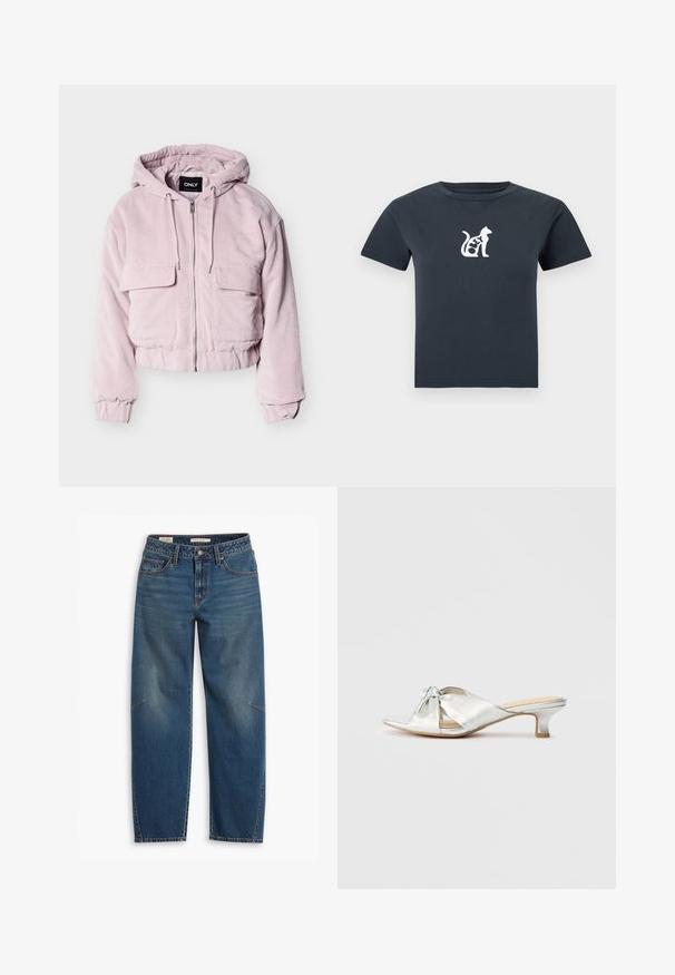 Afkortet lyserød ribfløjlsjakke med hætte, foran lynlås, to brystlommer og elastiske manchetter og kant.; Mørkegrå kortærmet t-shirt med et lille hvidt kattegrafik og ordet "OLEY" integreret i kattens krop på brystet.; Blå denim jeans med en afslappet pasform, der har høj talje, lige ben, synligt syning og en lille detalje på venstre knæ.; Sølv åben tå mule med en lav kitten hæl og en snoet knudedetalje på den brede rem over foden.