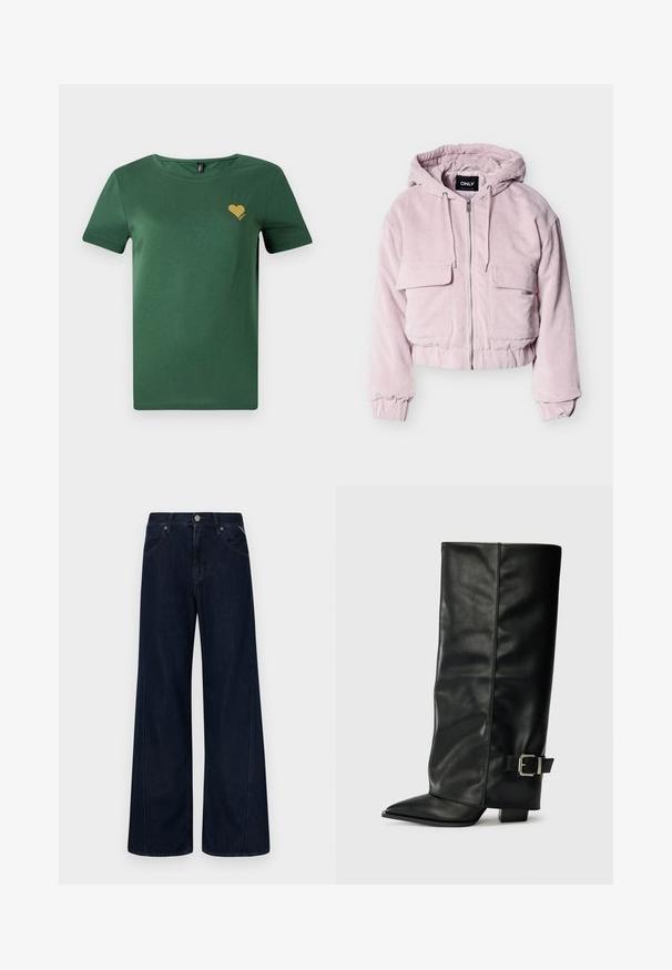 Gekürzte rosa Cordjacke mit Kapuze, Frontreißverschluss, zwei Brusttaschen und elastischen Bündchen sowie Bund. Strukturierter Stoff mit vertikalen Streifen.; Grünes Baumwoll-T-Shirt mit rundem Ausschnitt und kurzen Ärmeln. Mit einem kleinen goldenen Herz-Design auf der Brust. Weicher Stoff, lässige Passform.; Dunkelblaue Jeans mit weitem Bein aus Denim, mit hoher Taille, fünf Taschen und oranger Naht entlang der Nähte.; Schwarze Lederstiefeletten in Knöchellänge mit spitzem Zehenbereich, glatter Oberfläche und silberner Schnallenakzent an der Seite. Massiver, quadratischer Absatz.