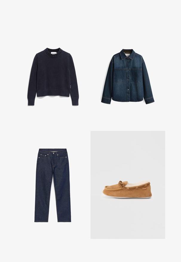 Dunkelblaue Denimjacke mit Knopfverschluss, zwei Brusttaschen und klassischem Kragen. Verfügt über sichtbare Nähte und einen oversize Schnitt.; Marineblauer Strickpullover mit Rundhalsausschnitt und geripptem Saum; verfügt über lange Ärmel und eine dezente Struktur. Keine sichtbaren Muster oder Logos.; Dunkelblaue Denimjeans mit geradem Schnitt, ausgestattet mit fünf Taschen, kontrastierenden orangefarbenen Nähten und einem Metallknopfverschluss am Bund.; Braune Wildleder-Mokassin-Hausschuhe mit Kunstfellfütterung, runder Zehenform und dekorativem Schleifendetail. Verfügt über eine Gummisohle und kontrastierende Abschlüsse.