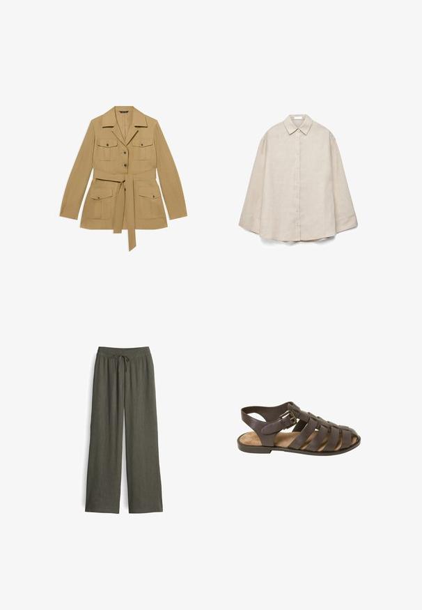 Beige jas met ceintuur, vier klepzakken met knopen, lange mouwen, kraag en knoopsluiting aan de voorkant.; Beige overhemd met lange mouwen, knopen aan de voorkant, een puntige kraag en een losse pasvorm, platliggend weergegeven op een witte achtergrond.; Lange, olijfgroene broeken van lichtgewicht stof, met een trekkoord in de taille, geplooide textuur en wijde pijpen.; Bruine leren sandaal met een open teen, met brede gevlochten banden, een achterriem en een zijsluiting voor aanpassing.