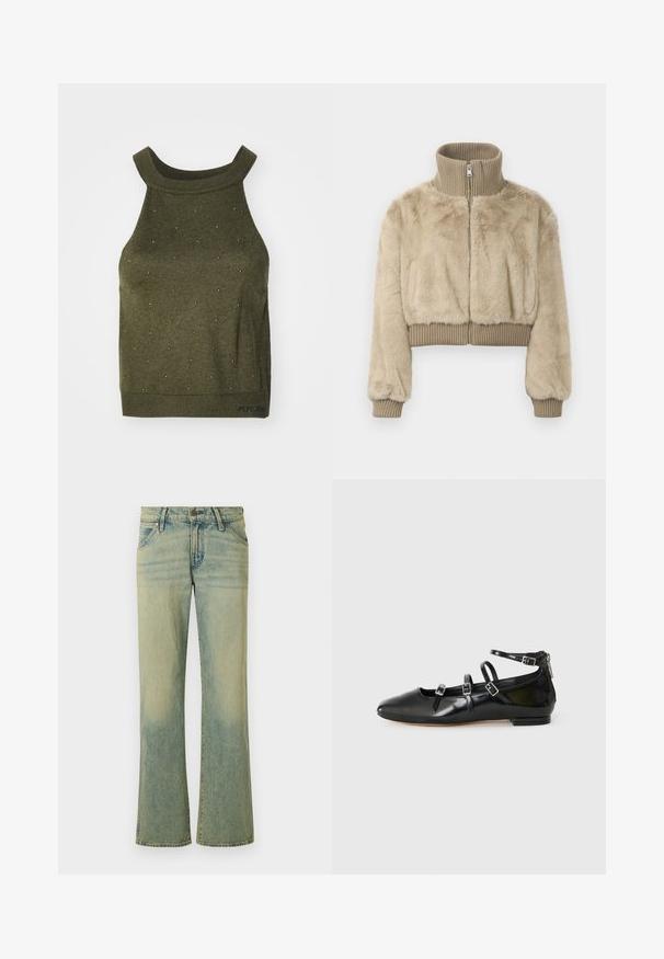 Gekürzte Jacke aus beigem Kunstfell, ausgestattet mit einem gerippten hohen Kragen und Bündchen sowie einem zentralen Reißverschluss für ein einfaches An- und Ausziehen.; Olivgrünes, gestricktes Tanktop mit hohem Neckholder, das kleine, metallische Nieten in einem gepunkteten Muster sowie ein Markenetikett am Saum aufweist.; Hellblaue Jeans aus Denim mit weit ausgestelltem Bein Design, ausgestattet mit fünf Taschen und dezenten Ausbleichungen. Der Stoff hat eine glatte Textur und einen klassischen Knopfverschluss.; ALDO NELTA - Klassischer Ballerina - black