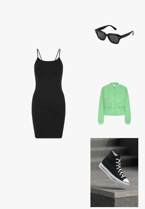 Groene cropped jas van zachte stof, met een ronde hals, drukknoopsluiting aan de voorkant en twee voorzakken met kleppen.; Zwart mouwloos jurk met dunne bandjes, aansluitend ontwerp, gemaakt van gladde stof, knielang met een eenvoudige, onversierde stijl.; Zwarte hoge sneaker met witte veters en rubberen zool, balancerend op de rand van een grijs betonnen platform.; Zwarte vierkante zonnebril met donker groene lenzen, uitgerust met gedurfde monturen en zilveren accenten aan de zijkanten. Gemaakt in Italië.