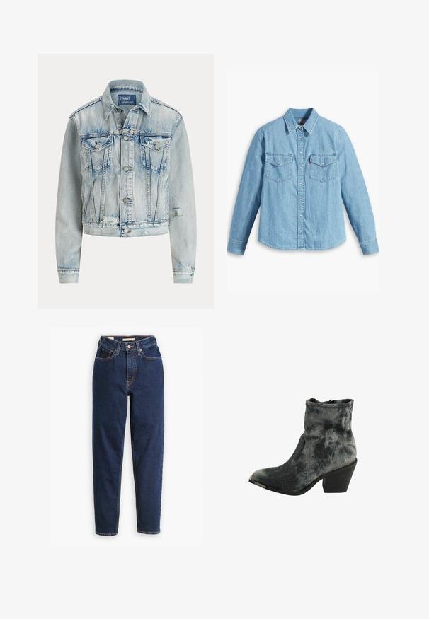 Lyseblå denimjakke med en tætsiddende design, lange ærmer, knaplukning foran, to brystlommer og en slidt bundkant.; Lyseblå denimskjorte med lange ærmer, spidse krave, to brystlommer, knaplukning og subtil tekstur. Ingen synlige mønstre.; Mørkeblå denimjeans med høj talje, femlommedesign og lige ben. Kontrastsyninger og knaplukning.; Sort og grå tekstureret ankelstøvle med spids tå, lav stablet hæl og lynlås lukning bagpå.