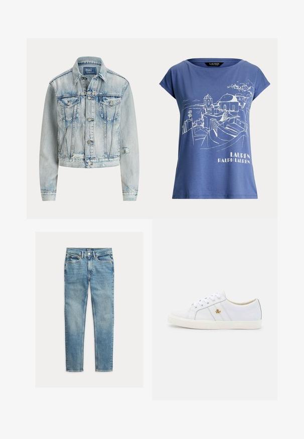 Lyseblå denimjakke med en tætsiddende design, lange ærmer, knaplukning foran, to brystlommer og en slidt bundkant.; Blå bomulds t-shirt med afslappet pasform, der har et hvidt stregtegning design af et kystlandskab og teksten "LAUREN RALPH LAUREN".; Lyseblå slim-fit jeans med fem lommer og knaplukning, lagt fladt på en hvid baggrund.; Lauren Ralph Lauren JANSON II ACTION LEATHER SNEAKER - Sneakers - real white