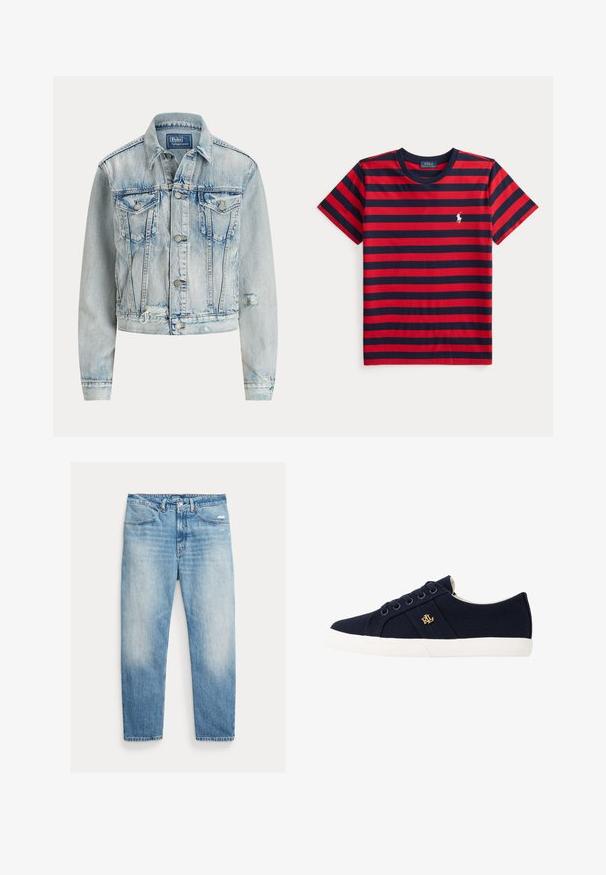 Lyseblå denimjakke med en tætsiddende design, lange ærmer, knaplukning foran, to brystlommer og en slidt bundkant.; T-shirt med korte ærmer og rund hals med røde og navy horisontale striber og en lille hvid Polo Ralph Lauren-logo på venstre bryst.; Lyseblå falmede jeans med lige ben, forlommer, knap- og lynlåslukning samt let slid på højre lår.; Lauren Ralph Lauren JANSON II CANVAS SNEAKER - Sneakers - navy