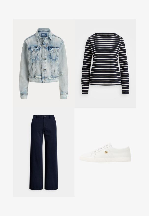 Chaqueta de denim azul claro con un diseño entallado, mangas largas, cierre de botones, dos bolsillos en el pecho y bajo desgastado.; Camisa de manga larga azul marino con rayas horizontales blancas, escote redondo y un pequeño bolsillo en el pecho. Presenta detalles de botones en el hombro.; Pantalones de pierna ancha en color azul marino, fabricados en algodón, con cierre frontal de botones, trabillas para cinturón y un acabado liso y texturizado.; Lauren Ralph Lauren JANSON II CANVAS SNEAKER - Zapatillas - optic white