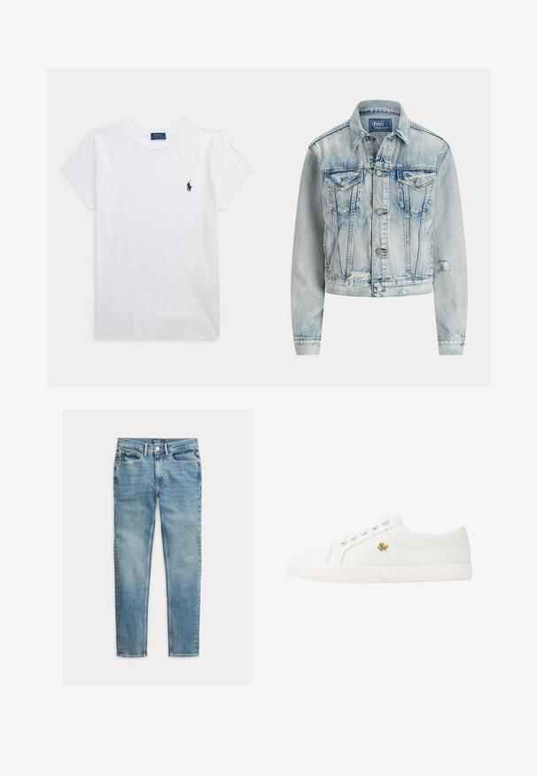 Lyseblå denimjakke med en tætsiddende design, lange ærmer, knaplukning foran, to brystlommer og en slidt bundkant.; Hvid t-shirt med korte ærmer og rund hals med lille navyblåt Polo Ralph Lauren-logo på venstre bryst.; Lyseblå slim-fit jeans med fem lommer og knaplukning, lagt fladt på en hvid baggrund.; Lauren Ralph Lauren JANSON II CANVAS SNEAKER - Sneakers - optic white