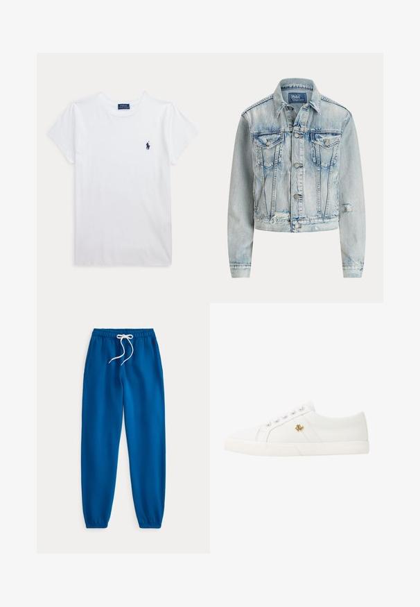 Lichtblauwe spijkerjack met een getailleerd ontwerp, lange mouwen, knoopsluiting aan de voorkant, twee borstzakken en een versleten onderzoom.; Wit T-shirt met korte mouwen en ronde hals met klein donkerblauw Polo Ralph Lauren-logo op de linkerborst.; Blauwe joggingbroek met elastische taille, witte trekkoord en enkelboorden, plat gelegd op een witte achtergrond.; Lauren Ralph Lauren JANSON II CANVAS SNEAKER - Sneakers laag - optic white