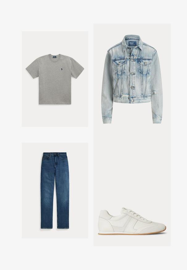 Hellblaues Jeansjacke mit tailliertem Design, langen Ärmeln, Knopfverschluss, zwei Brusttaschen und ausgefranstem unteren Saum.; Hellgraues T-Shirt mit kurzen Ärmeln und Rundhalsausschnitt mit kleinem dunkelblau besticktem Polospieler-Logo auf der linken Brust.; Straight-leg blaue Denim-Jeans mit fünf Taschen, Knopfverschluss und subtilen Verwaschungen an Oberschenkeln und Knien, flach auf weißem Hintergrund gelegt.; Weißer Sneaker mit niedrigem Schaft, Schnürung vorne, Velours- und Lederpaneelen sowie einer hellbraunen Gummisohle auf weißem Hintergrund.