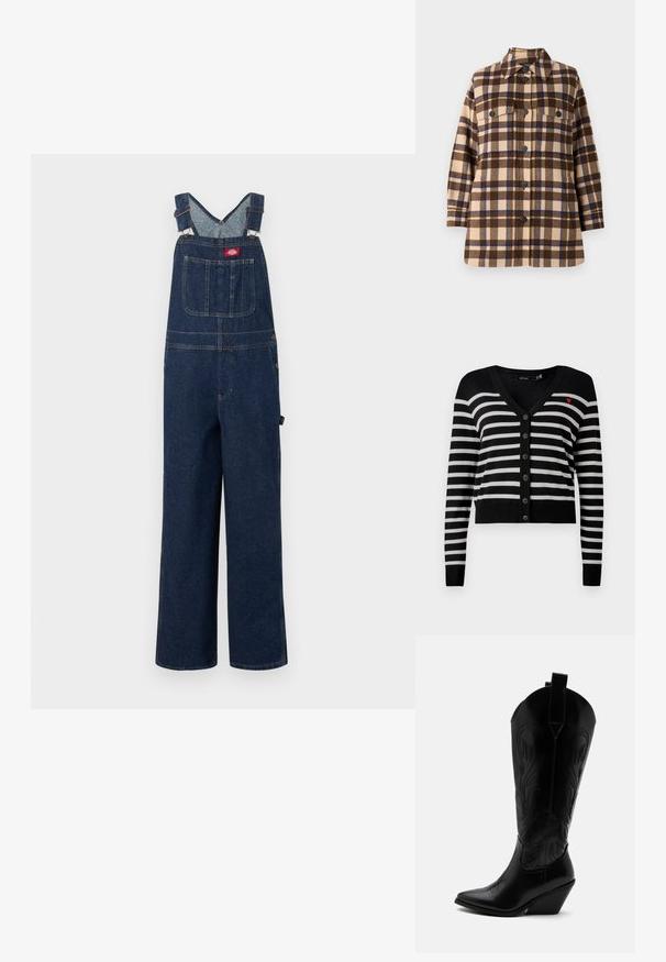 Braun- und beiger karierter Überwurf aus weichem Stoff mit Knopfverschluss, zwei Brusttaschen und einem klassischen Kragen.; Dunkelblaue Jeans-Latzhose mit einer Fronttasche, verstellbaren Schultergurten und weitem Bein vor einem einfachen weißen Hintergrund.; Schwarz-weiße, horizontal gestreifte, knöpfbare Strickjacke mit langen Ärmeln und einem kleinen roten Herz, das auf der linken Brust gestickt ist.; Schwarzer Leder-Cowboystiefel mit spitzer Zehe, schrägem Blockabsatz, dekorativer Naht und Zuglaschen oben vor weißem Hintergrund.