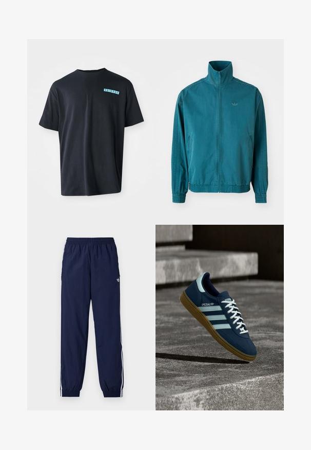 Türkisfarbene, leichte Jacke mit hohem Kragen, Reißverschluss vorne, zwei seitlichen Taschen, elastischen Bündchen und drei vertikalen Streifen an den Ärmeln.; Schwarzes Baumwoll-T-Shirt mit kurzen Ärmeln, Rundhalsausschnitt und einem türkisfarbenen grafischen Logo auf der linken Brust. Glatte Textur, lässige Passform.; Marineblaue Trainingshose aus leichtem Stoff, mit weißen Streifen an den Seiten, einem elastischen Bund und einem kleinen Logo.; Blauer Adidas Spezial Sneaker mit weißen Streifen und Schnürsenkeln, Gummisohle, schwebend über rauer Betonoberfläche und Treppen im Hintergrund.