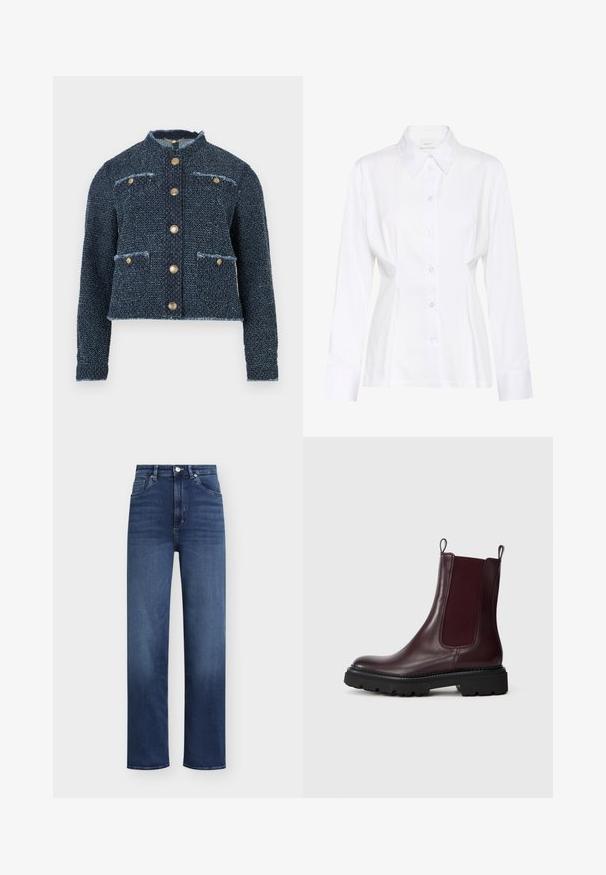 Veste en tweed bleu marine avec col, boutons dorés, deux poches avant et bords effilochés, présentant un design court et un tissu texturé.; Blouse blanche à manches longues avec col pointu, taille cintrée et étiquette de marque visible "Gestuz" à l'intérieur du col.; Jean en denim bleu foncé avec taille haute, coupe droite et style classique à cinq poches. Doté d'une fermeture à bouton et à glissière.; Bottines Chelsea en cuir bordeaux avec panneaux élastiques sur les côtés, semelle en caoutchouc noir texturé et languettes pour un enfilage facile.