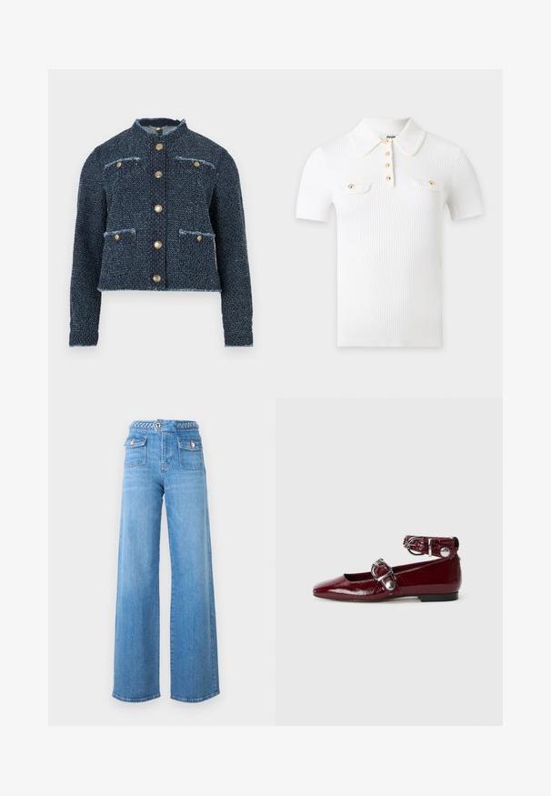 Veste en tweed bleu marine avec col, boutons dorés, deux poches avant et bords effilochés, présentant un design court et un tissu texturé.; Polo blanc en tissu côtelé à manches courtes, avec un col pointu, quatre boutons dorés sur le devant et deux poches poitrine avec rabats à boutons dorés.; Jean large taille haute bleu clair avec poches avant à rabat, ceinture tressée et fermetures à bouton doré.; Ballerines en cuir verni bordeaux avec un bout pointu, une bride de cheville avec une boucle en argent et un petit talon. Texture lisse sur l'ensemble.