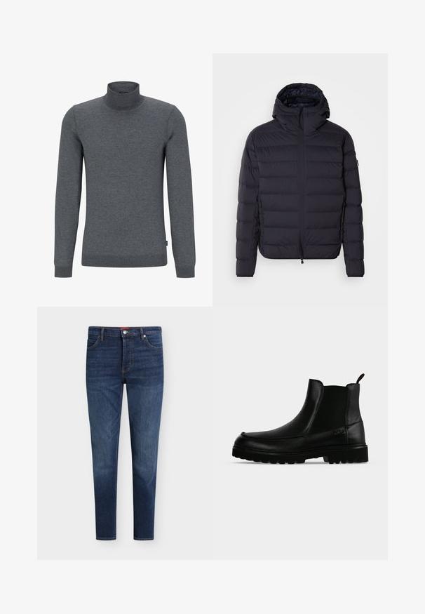 Opvouwbare jas, marineblauw, gewatteerd met horizontale secties, ritsluiting aan de voorkant, verstelbare capuchon, elastische manchetten en zijzakken. Gladde textuur.; Grijze coltrui gemaakt van zacht breigaren. Heeft lange mouwen, een ribbelkraag en een normale pasvorm met een gladde textuur.; Donkerblauwe slim-fit jeans met voorzakken, riemlussen, knoopsluiting en subtiel vervagen op dijen en knieën.; Zwarte leren enkellaars met een gestructureerde zool, elastische zijpanelen en een trekriempje op een lichtgrijze achtergrond.