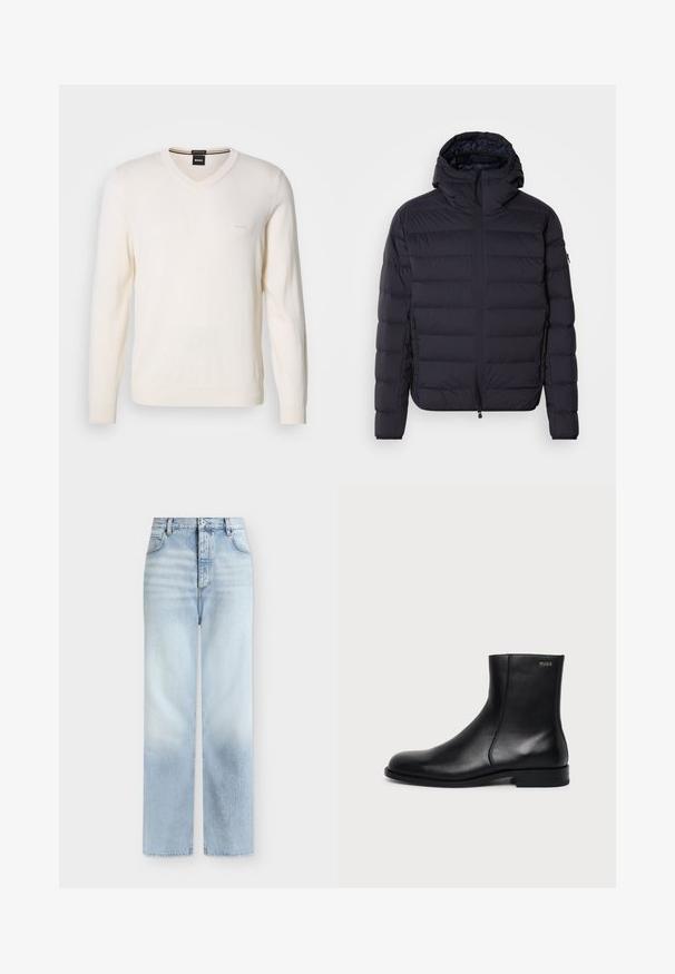 Pufjakke, marineblå, kviltet med vandrette sektioner, lynlåslukning foran, justerbar hætte, elastiske manchetter og sidelommer. Glat tekstur.; V-hals sweater i off-white, lavet af blødt strikstof. Har lange ærmer og diskret logo-broderi på venstre bryst.; Lyseblå, højtaljede jeans med rette ben, forlommer, bæltestropper og knaplukning.; Sort læderankelstøvle med lav hæl, sidesyning og lille "HUGO" logo på den øverste manchet mod en ensfarvet baggrund.