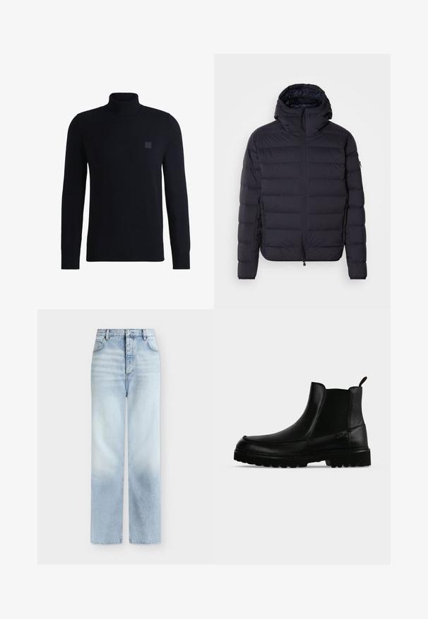 Opvouwbare jas, marineblauw, gewatteerd met horizontale secties, ritsluiting aan de voorkant, verstelbare capuchon, elastische manchetten en zijzakken. Gladde textuur.; Marineblauwe coltrui van zacht breimateriaal, met lange mouwen en een geribde kraag. Bevat een vierkante logopatch op de borst.; Lichtblauwe, hoog getailleerde, rechte jeans met voorzakken, riemlussen en een knoopsluiting.; Zwarte leren enkellaars met een gestructureerde zool, elastische zijpanelen en een trekriempje op een lichtgrijze achtergrond.